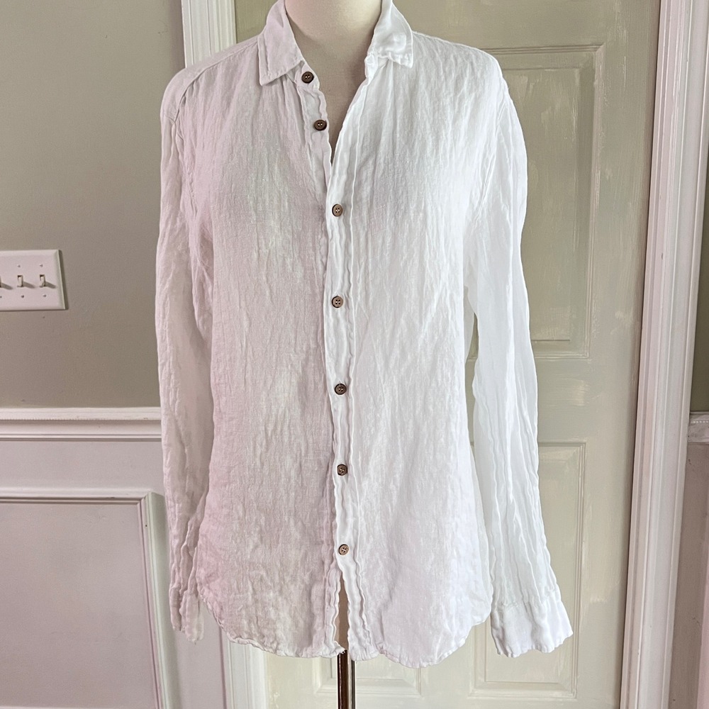 Puro Lino Button Down Shirt Size S/M Women Linen Long Sleeve White Italy Coastal